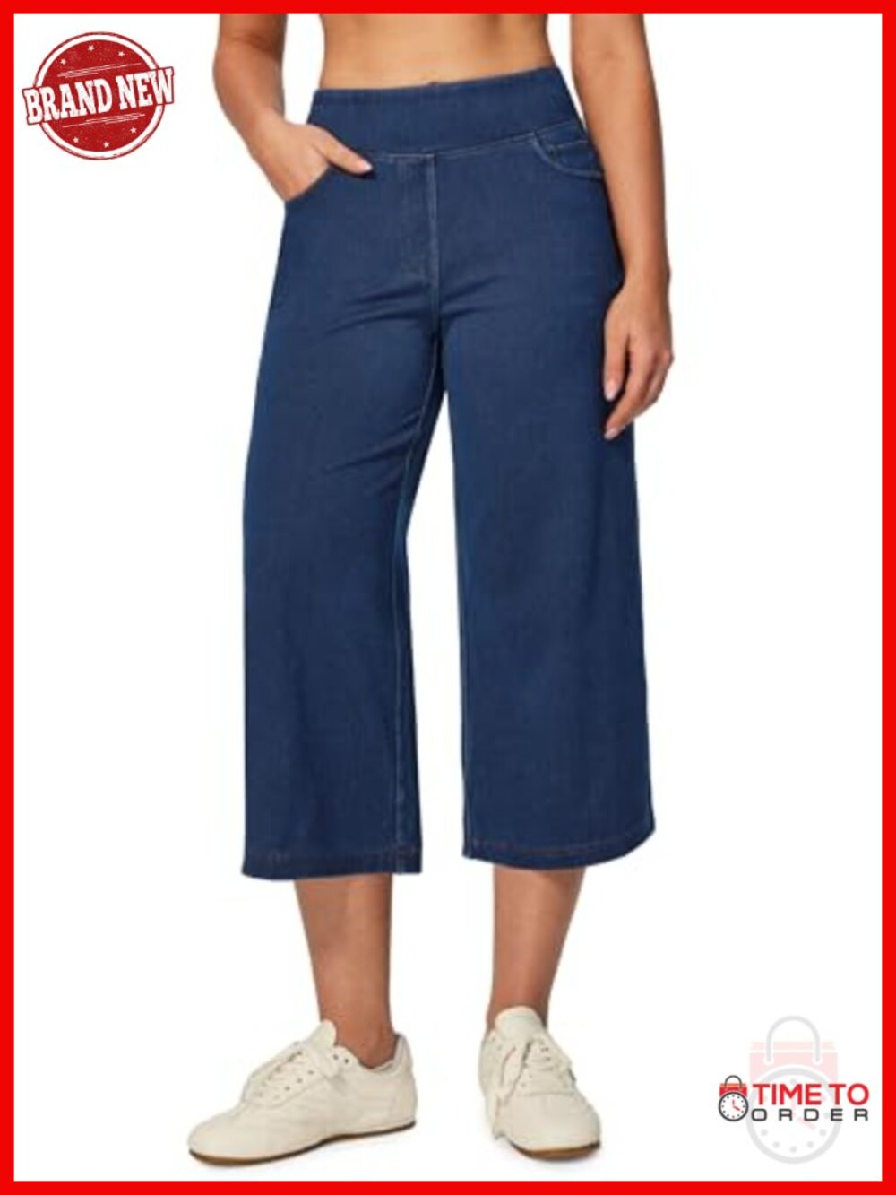High Waisted Stretch Capri Jeans Pull On Wide Leg